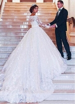 Attractive Tulle Off-the-shoulder Neckline Ball Gown Wedding Dress With Lace Appliques & Belt