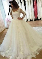 Fabulous Tulle V-neck Neckline Ball Gown Wedding Dresses With Lace Appliques