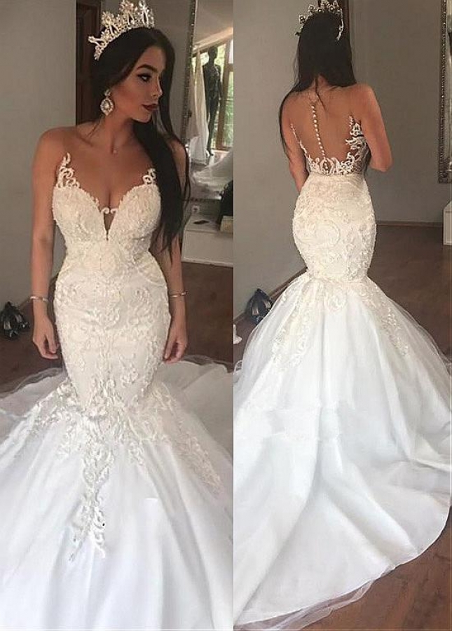 Fascinating Tulle Sheer Jewel Neckline Mermaid Wedding Dress With Lace Appliques & Beadings