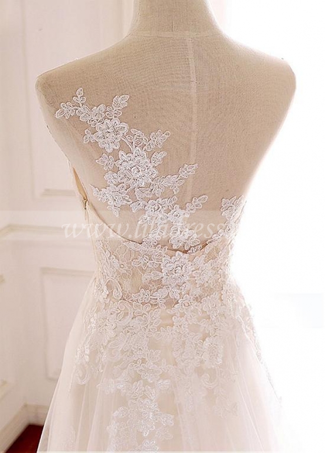 Elegant Tulle Jewel Neckline Full-length A-line Wedding With Lace Appliques