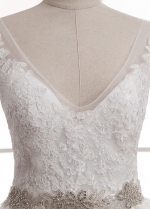 Gorgeous Tulle V-neck Neckline A-line Wedding Dress With Lace Appliques & Belt
