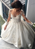 Attractive Tulle & Satin Sheer Jewel Neckline A-Line Wedding Dresses With Beaded Lace Appliques