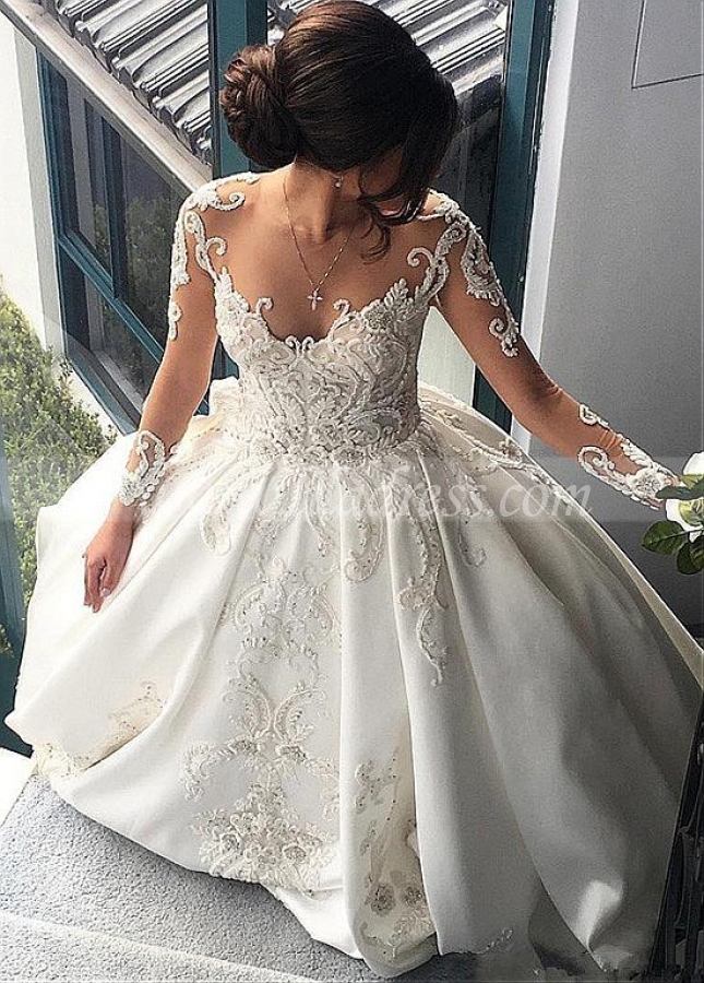 Attractive Tulle & Satin Sheer Jewel Neckline A-Line Wedding Dresses With Beaded Lace Appliques