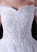 Gorgeous Tulle Off-the-shoulder Neckline Floor-length A-line Wedding Dresses With Beaded Lace Appliques