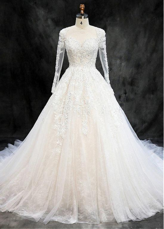 Winsome Tulle Jewel Neckline Ball Gown Wedding Dresses With Beaded Lace Appliques