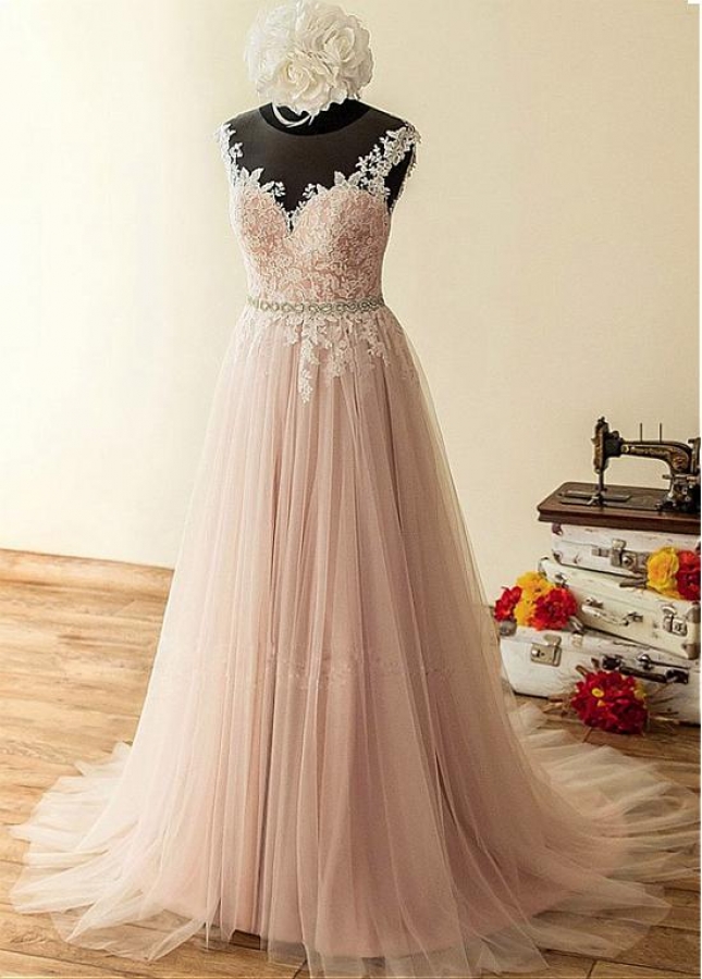 Winsome Tulle Jewel Neckline A-Line Wedding Dresses With Lace Appliques & Beadings