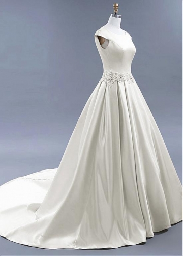Modest Satin Bateau Neckline Backless A-line Wedding Dresses With Beadings