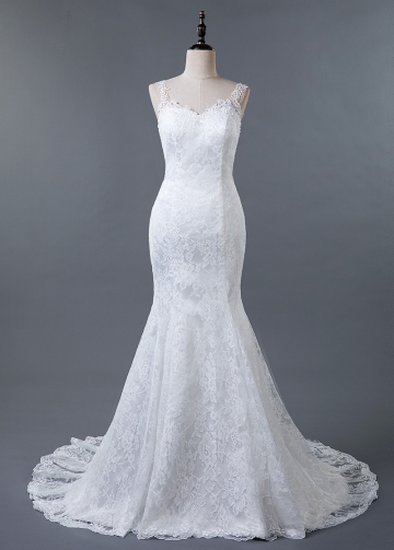 Stunning Tulle & Lace V-neck Neckline Mermaid Wedding Dress With Lace Appliques