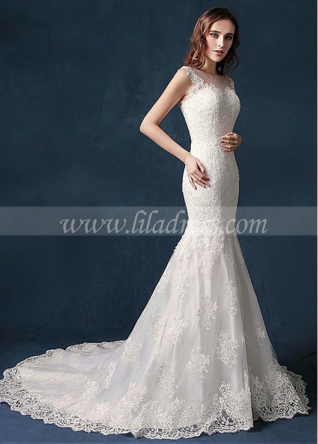 Fantastic Tulle Sheer Jewel Neckline Mermaid Wedding Dress With Lace Appliques & Beadings