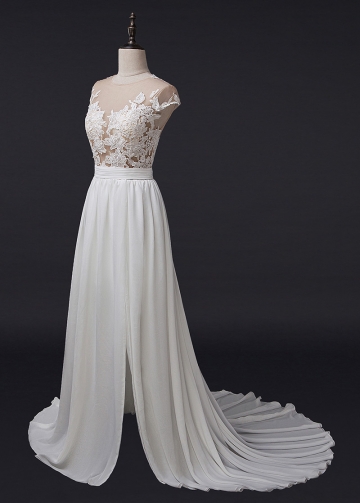 Stunning Tulle & Chiffon Jewel Neckline See-through A-Line Wedding Dress With Lace Appliques