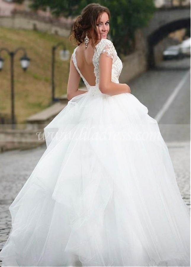 Stunning Tulle & Satin V-Neck Ball Gown Wedding Dresses With Beaded Lace Appliques