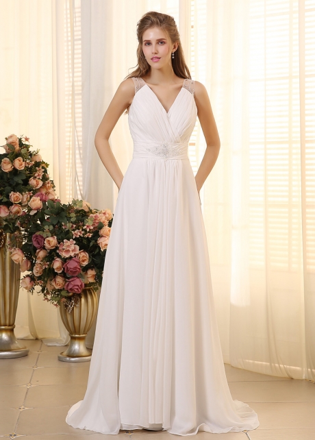 Elegant Chiffon V-neck Neckline A-line Wedding Dresses with Beadings & Rhinestones