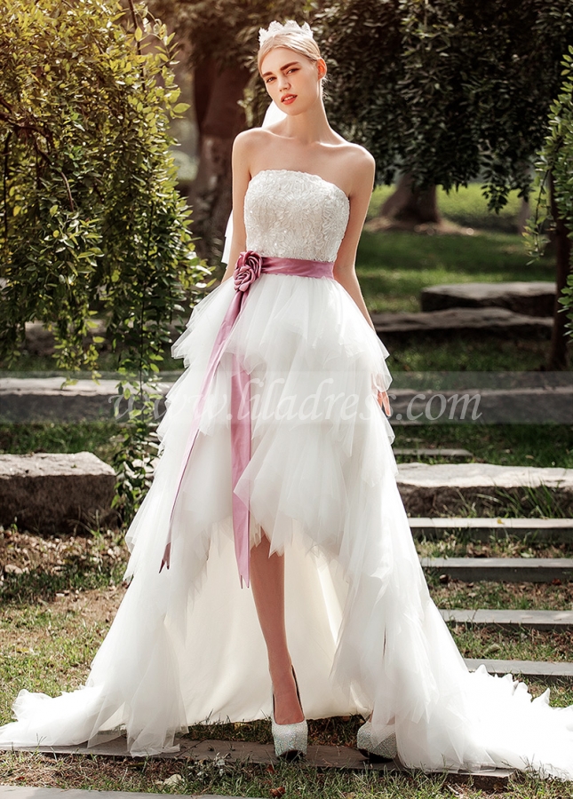 Chic Tulle Strapless Neckline Ruffled Hi-lo A-line Wedding Dresses