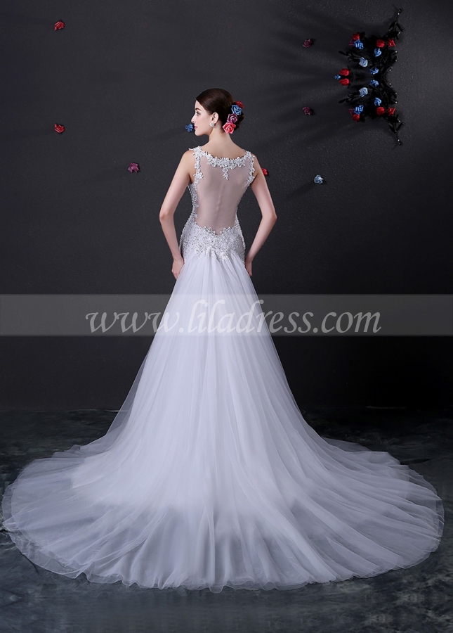 Alluring Tulle Spaghetti Straps Neckline Mermaid Wedding Dress With Beaded Lace Appliques