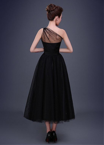 Elegant Dot Tulle One-Shoulder Neckline A-line Evening Dress