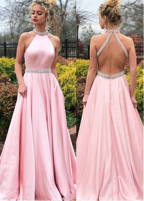 Delicate Satin High Collar Floor-length A-line Prom Dresses With Beadings