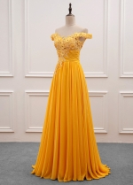 Fascinating Yellow Chiffon Off-the-shoulder Neckline A-Line Prom Dress With Beaded Lace Appliques
