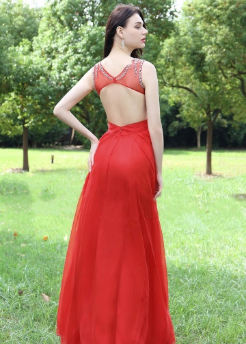 Round Neck Red Long Chiffon Rhinestones Prom Dresses