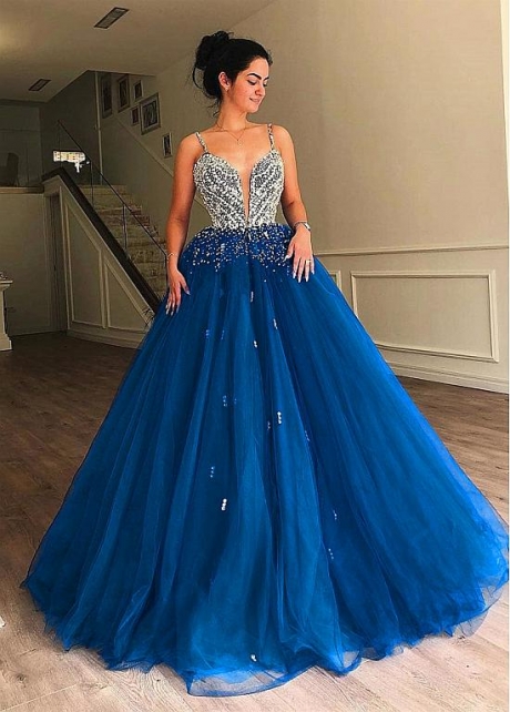 Charming Tulle Spaghetti Straps Neckline Floor-length Ball Gown Evening Dresses With Beadings