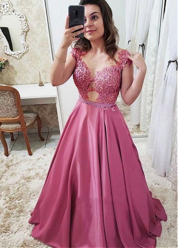 Fabulous Tulle & Satin Jewel Neckline Floor-length A-line Prom Dresses With Beaded Lace Appliques
