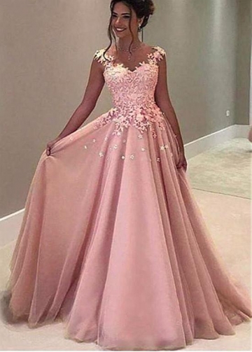 Junoesque Tulle V-neck Neckline Floor-length A-line Prom Dresses With Lace Appliques