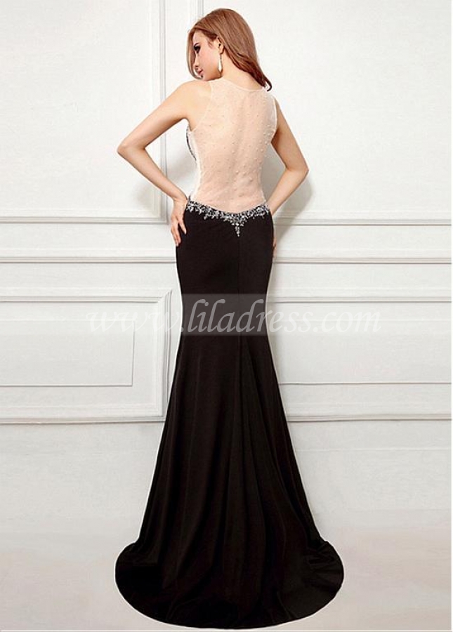 Sexy Black Jewel Neckline Floor-length Mermaid Evening Dresses With Beadings