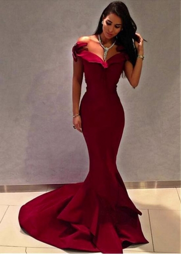 Gorgeous Satin Off-the-shoulder Neckline Mermaid Prom Dress With Handmade Flowers