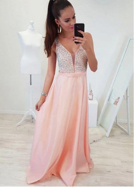 Fashionable Satin V-neck Neckline A-line Prom Dress With Beadings