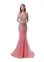 Fantastic Tulle Jewel Neckline Mermaid Evening Dress With Lace Appliques & Rhinestones