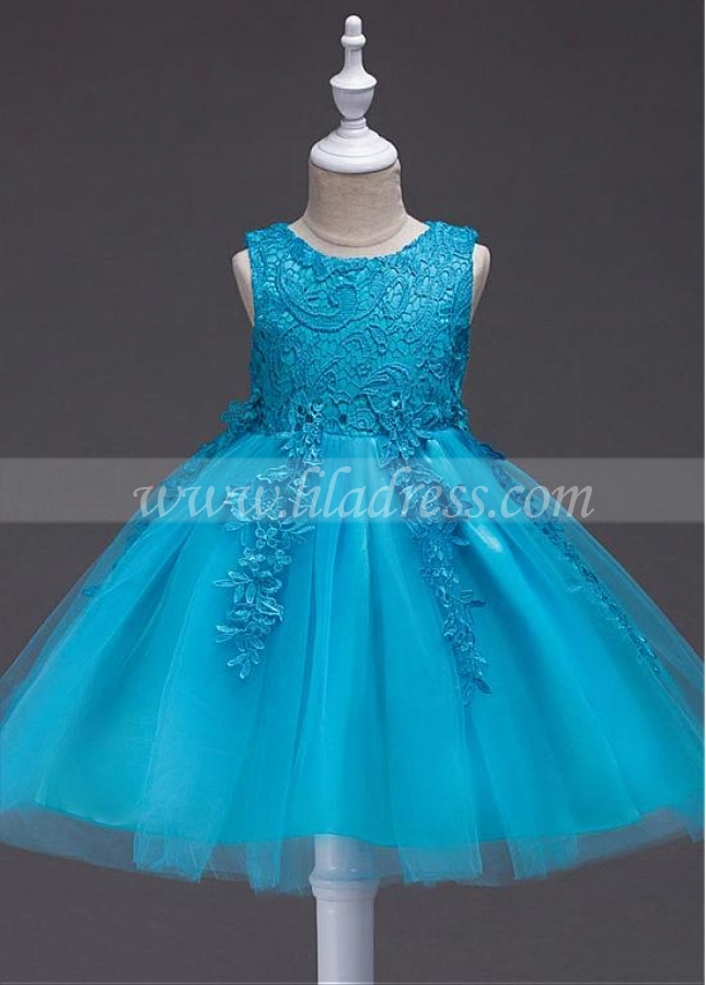 Lovely Satin & Tulle Jewel Neckline A-line Flower Girl Dress With Lace Appliques