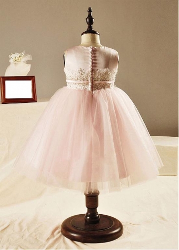 Pretty Satin & Tulle Jewel Neckline Ball Gown Flower Girl Dress With Beaded Lace Appliques & Belt