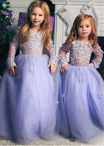 Chic Tulle & Satin Jewel Neckline Illusion Sleeves Ball Gown Flower Girl Dresses With Lace Appliques & Handmade Flowers