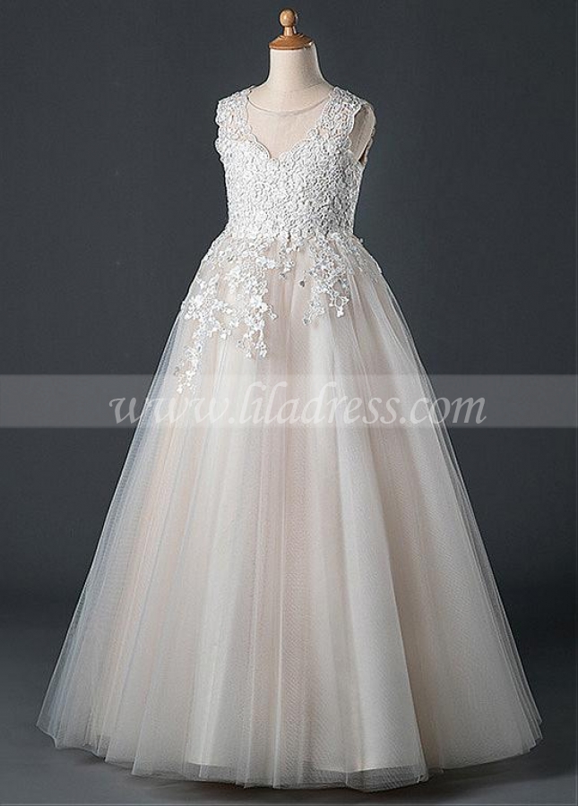 Elegant Tulle Jewel Neckline A-line Flower Girl Dress With Lace Appliques