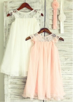 Cute Lace & Chiffon Jewel Neckline Knee-length A-line Flower Girl Dresses