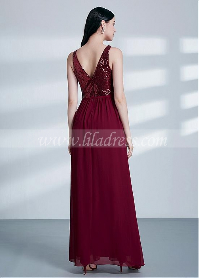 Exquisite Sequin Lace & Chiffon V-neck Neckline A-line Burgundy Bridesmaid Dresses