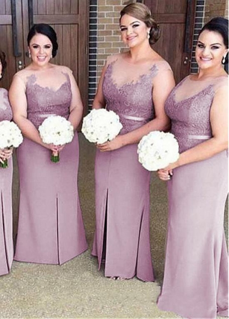 Wonderful Tulle & Lace & Satin Jewel Neckline Sheath/Column Bridesmaid Dresses With Lace Appliques & Belt