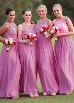 Modest Lace & Chiffon Jewel Neckline A-line Bridesmaid Dresses