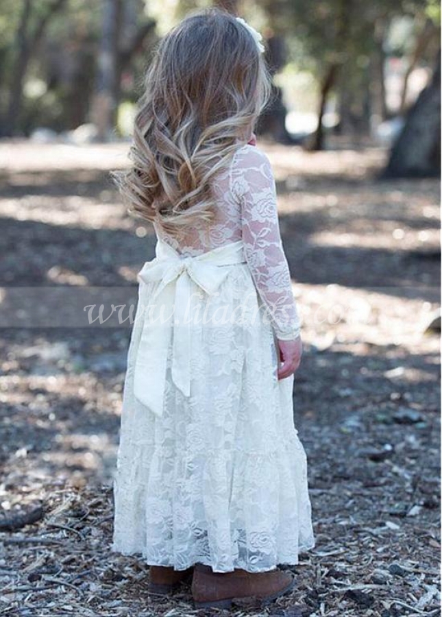 Fashionable Lace Jewel Neckline A-line Flower Girl Dresses With Belt