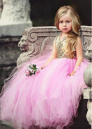 Wonderful Sequin Lace & Tulle Scoop Neckline Ball Gown Flower Girl Dresses With Belt