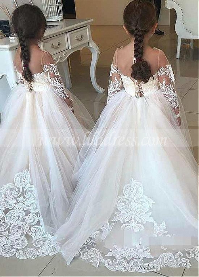 Delicate Tulle Jewel Neckline Floor-length Ball Gown Flower Girl Dresses With Lace Appliques