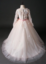 Beautiful Tulle Jewel Neckline A-line Flower Girl Dress With Handmade Flowers & Bowknot & Lace Appliques