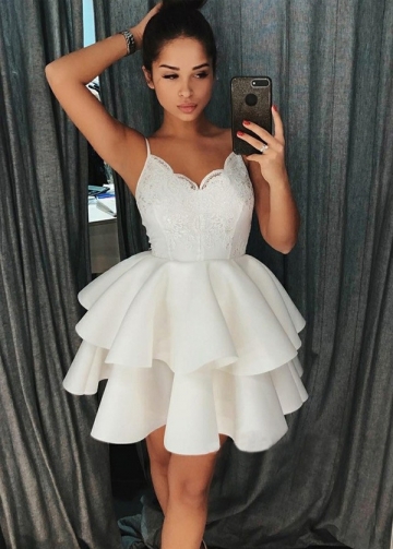 Eye-catching Satin Spaghetti Straps Neckline Short A-line Homecoming Dresses With Lace Appliques