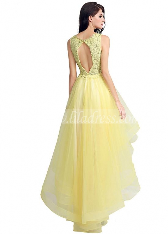Lovely Tulle & Lace V-neck Neckline Hi-lo A-line Ruffled Homecoming / Sweet 16 Dresses