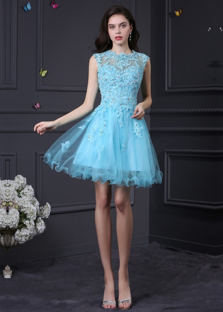 Exquisite Tulle & Stretch Satin Blue High Neck A-Line Homecoming / Sweet 16 Dresses