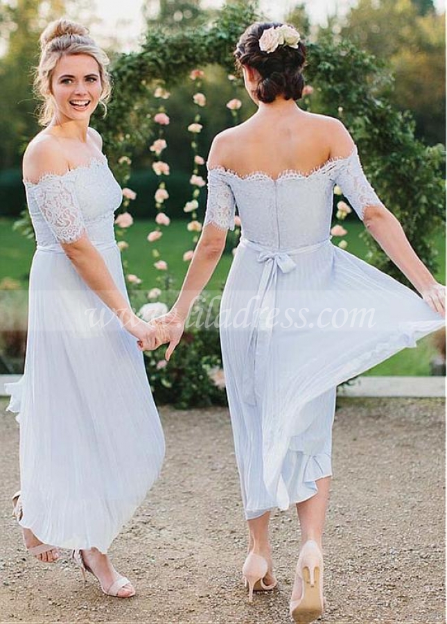 Fantastic Lace & Chiffon Off-the-shoulder Neckline A-line Bridesmaid Dress With Belt