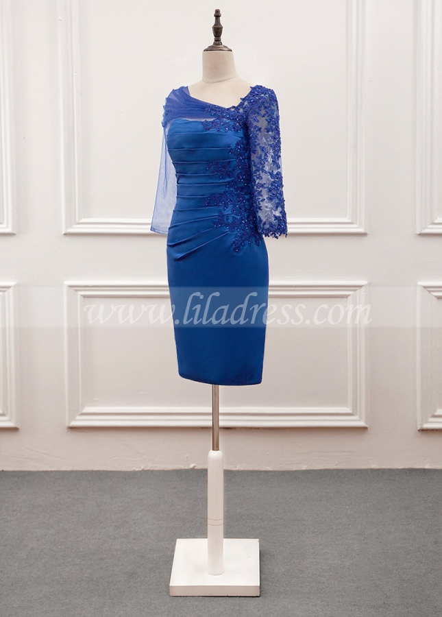 Fabulous Tulle & Satin Asymmetrical Neckline Sheath Mother Of The Bride Dress With Beaded Lace Appliques