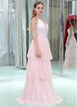 Satin & Lace V-neck Neckline Floor-length A-line Prom Dresses With Beadings
