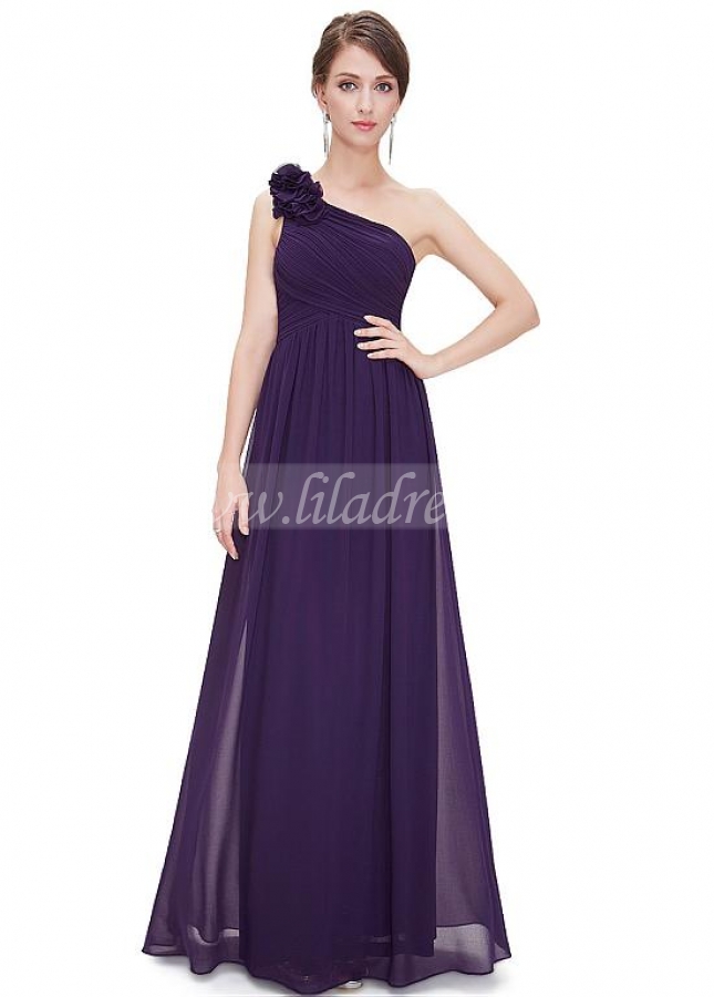 Modern Chiffon One Shoulder Neckline Full Length A-line Prom / Bridesmaid Dresses With Pleats