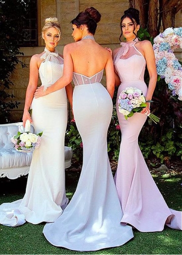 Charming Satin Halter Neckline Backless Mermaid Bridesmaid / Prom Dresses