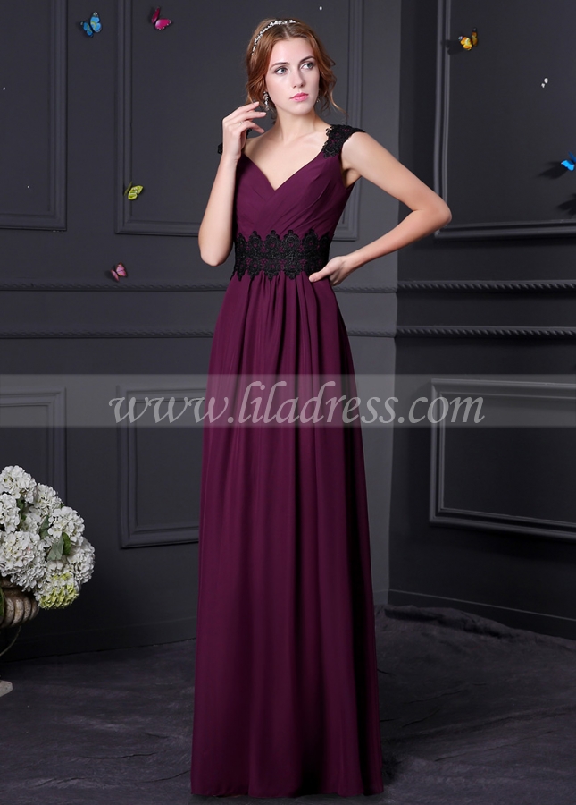 Elegant Chiffon V-neck Neckline Sheath Bridesmaid Dress With Lace Appliques